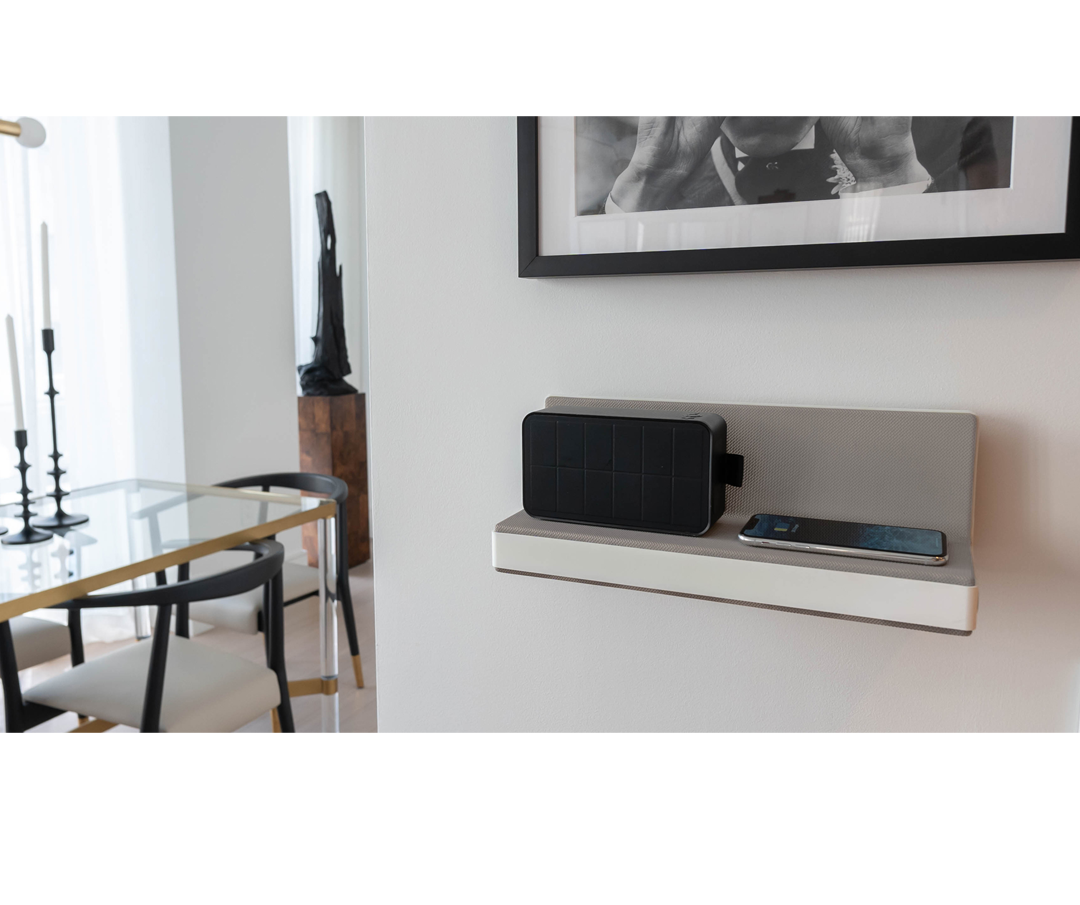 solgaard homebase shelf wireless charging phone and boombox 