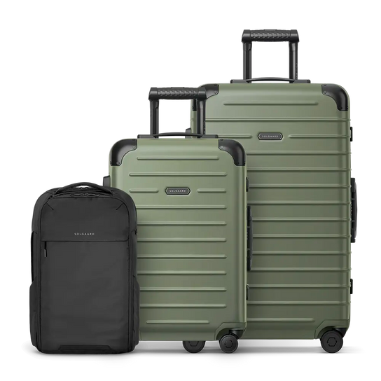 Black travel bundle featuring the Carry-On Closet Original, Check-In Closet Original, and Venture Backpack.