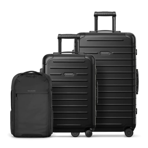 Black travel bundle featuring the Carry-On Closet Original, Check-In Closet Original, and Venture Backpack.